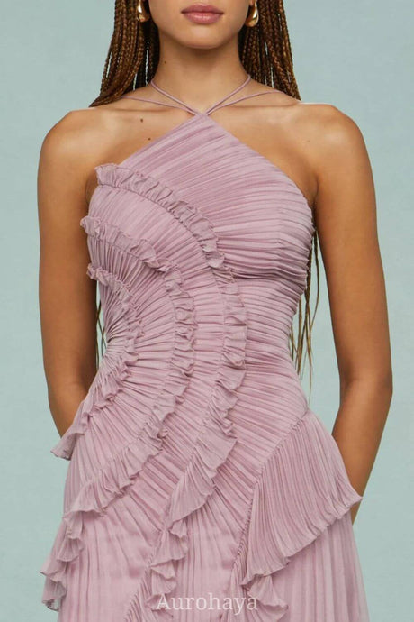 Aurohaya Véronique Ruffle Halter-Neck Pleated Maxi Dress