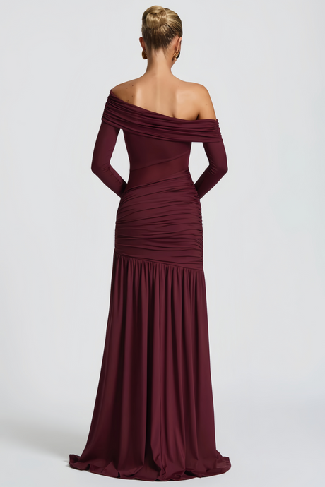 Aurohaya Anastasia Burgundy One Shoulder Gathered Maxi Dress