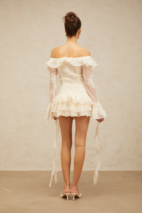 Aurohaya Désirée white off-shoulder embroidered mini dress