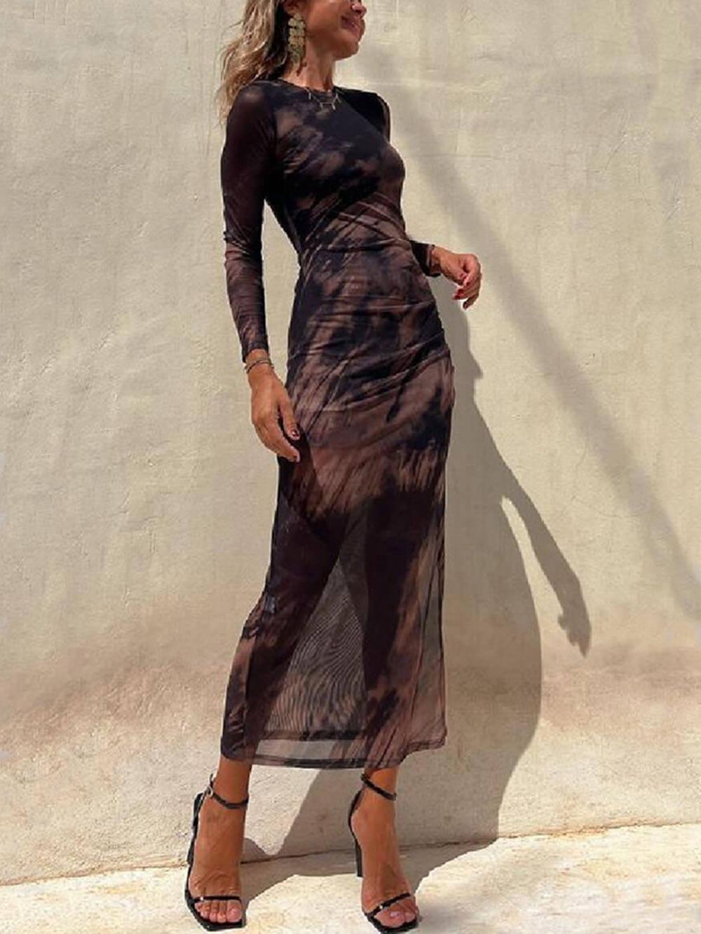 Aurohaya Charm Lady Mesh Overlay Tie Dye Print Long Sleeve Ruched Stretch Midi Dress
