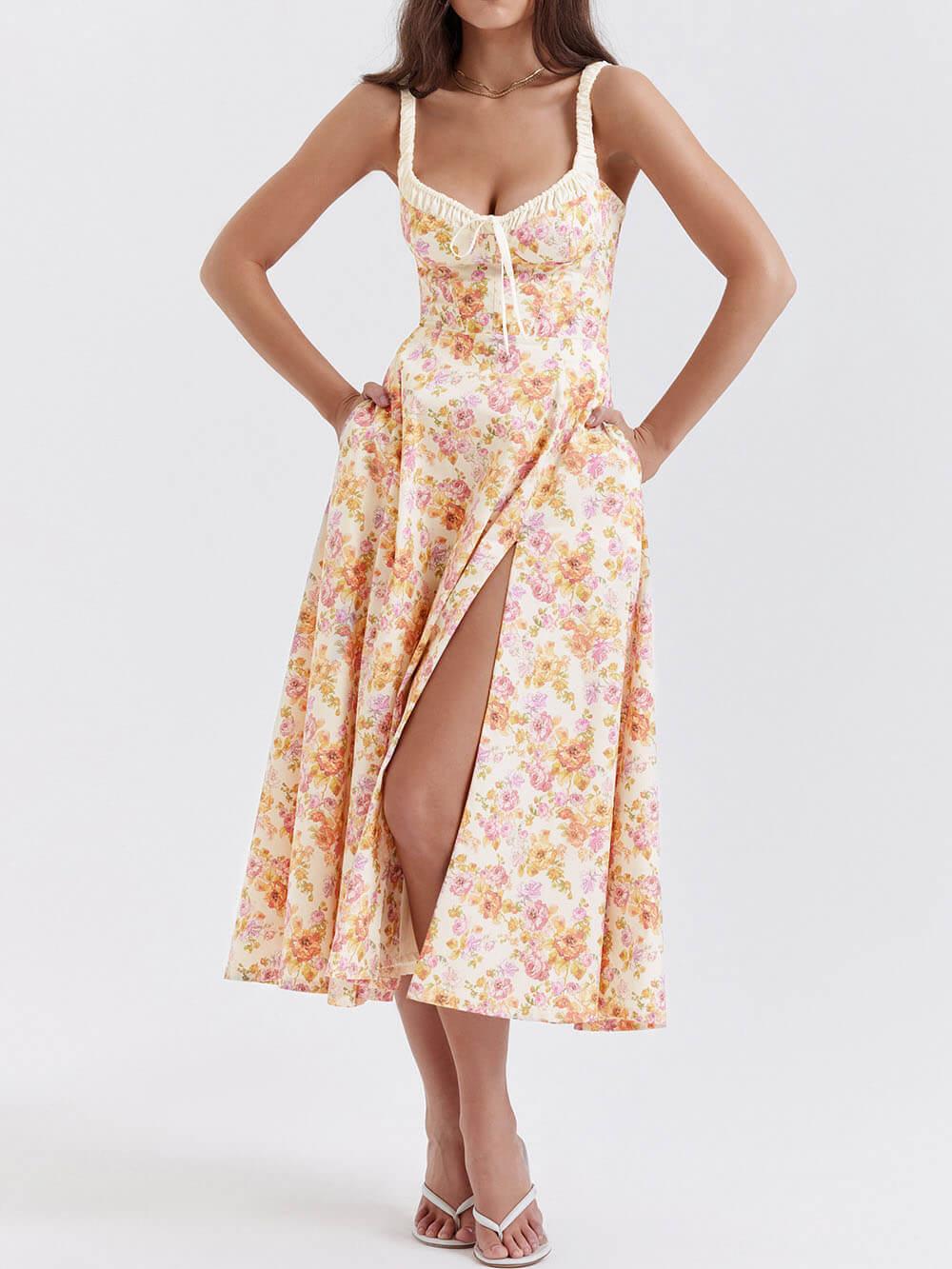 Aurohaya Suspender Patchwork Printed Lace-Up Midi Dress Orange