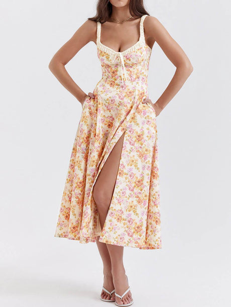 Aurohaya Suspender Patchwork Printed Lace-Up Midi Dress Orange