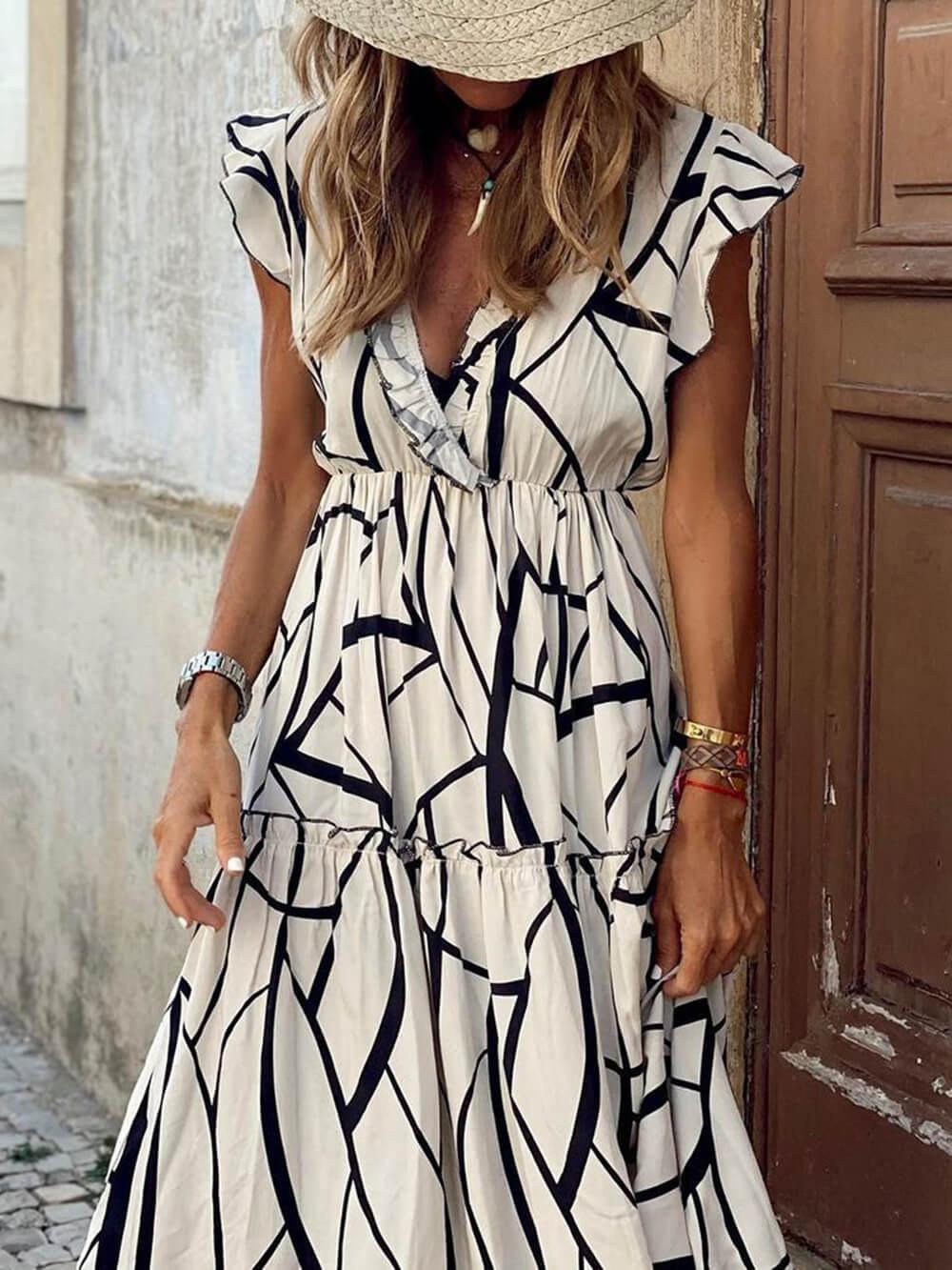Aurohaya Geometric Print V-Neck Ruffled Hem Maxi Dress
