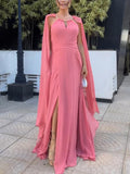 Aurohaya Elegant Cape Sleeve Slit Long Party Maxi Dress
