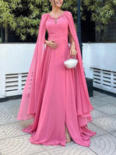 Aurohaya Elegant Cape Sleeve Slit Long Party Maxi Dress Pink
