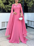 Aurohaya Elegant Cape Sleeve Slit Long Party Maxi Dress Pink