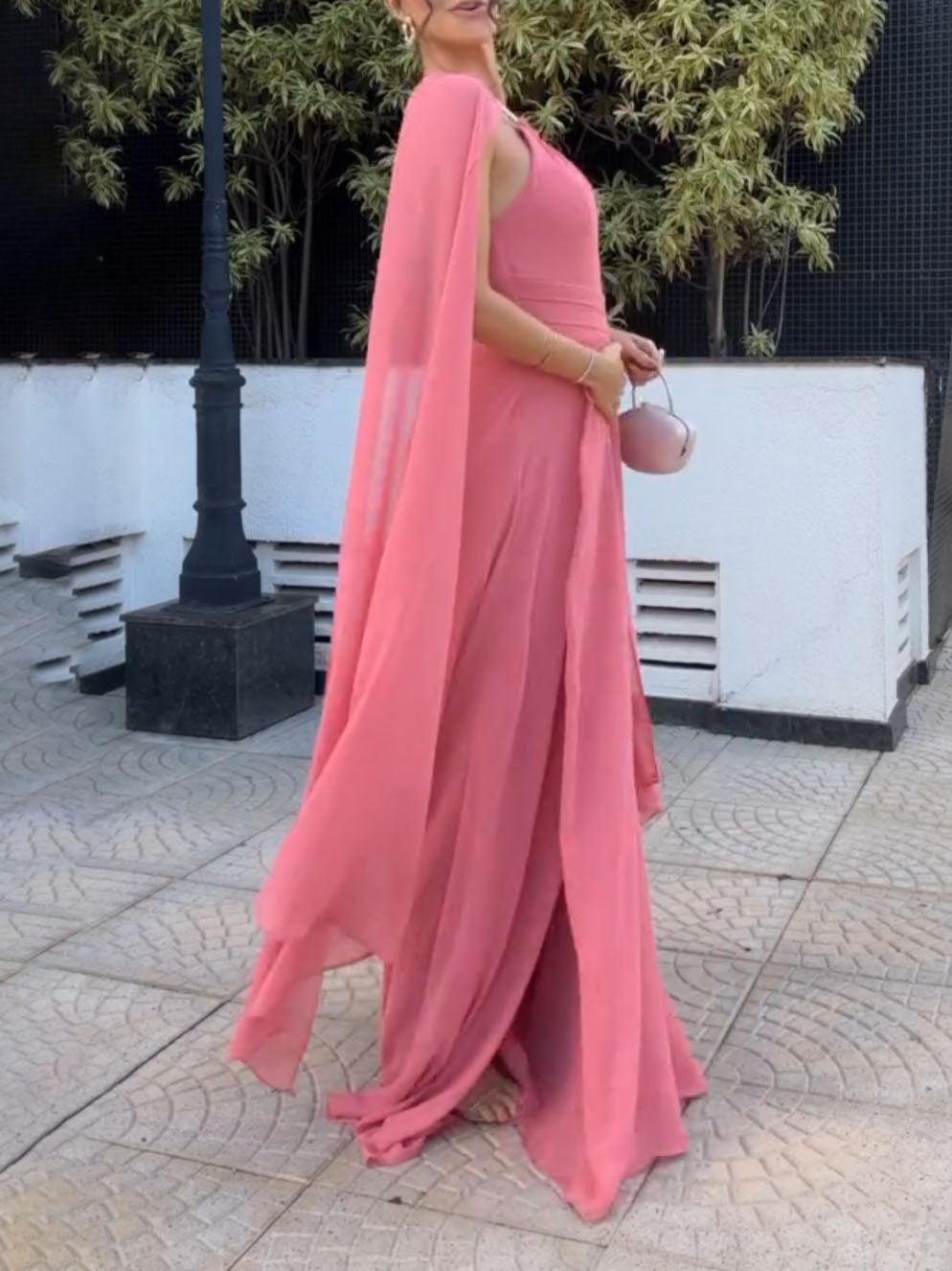 Aurohaya Elegant Cape Sleeve Slit Long Party Maxi Dress