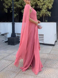 Aurohaya Elegant Cape Sleeve Slit Long Party Maxi Dress
