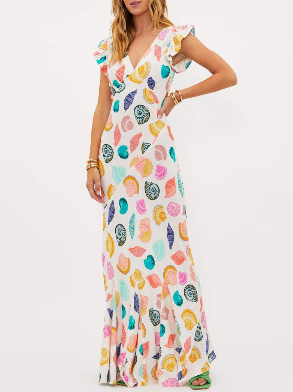 Aurohaya Exquisite Ocean Shell Print V-Neck Maxi Dress White