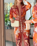 Vintage Baroque Deep V Neck Long Sleeve Slit Bodycon Dress Casual Ruched Slim Fit Vacation Dress