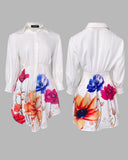 Floral Print Turn-down Collar Long Sleeve Casual Pressed Pleats Shirt Dress