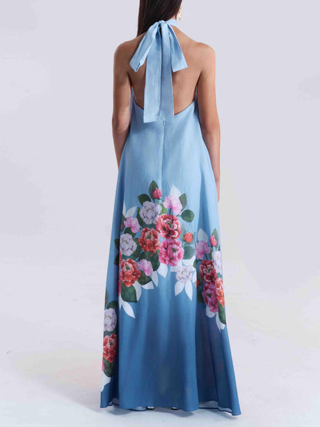 Aurohaya Elegant Halterneck Romantic Floral Print A-line Maxi Dress