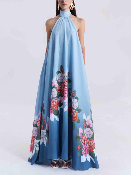 Aurohaya Elegant Halterneck Romantic Floral Print A-line Maxi Dress Blue