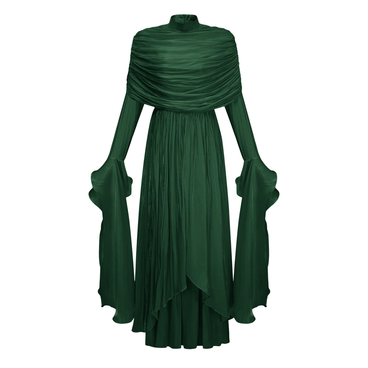 Aurohaya Gustave Green Ruched Cape Ruffled Maxi Dress