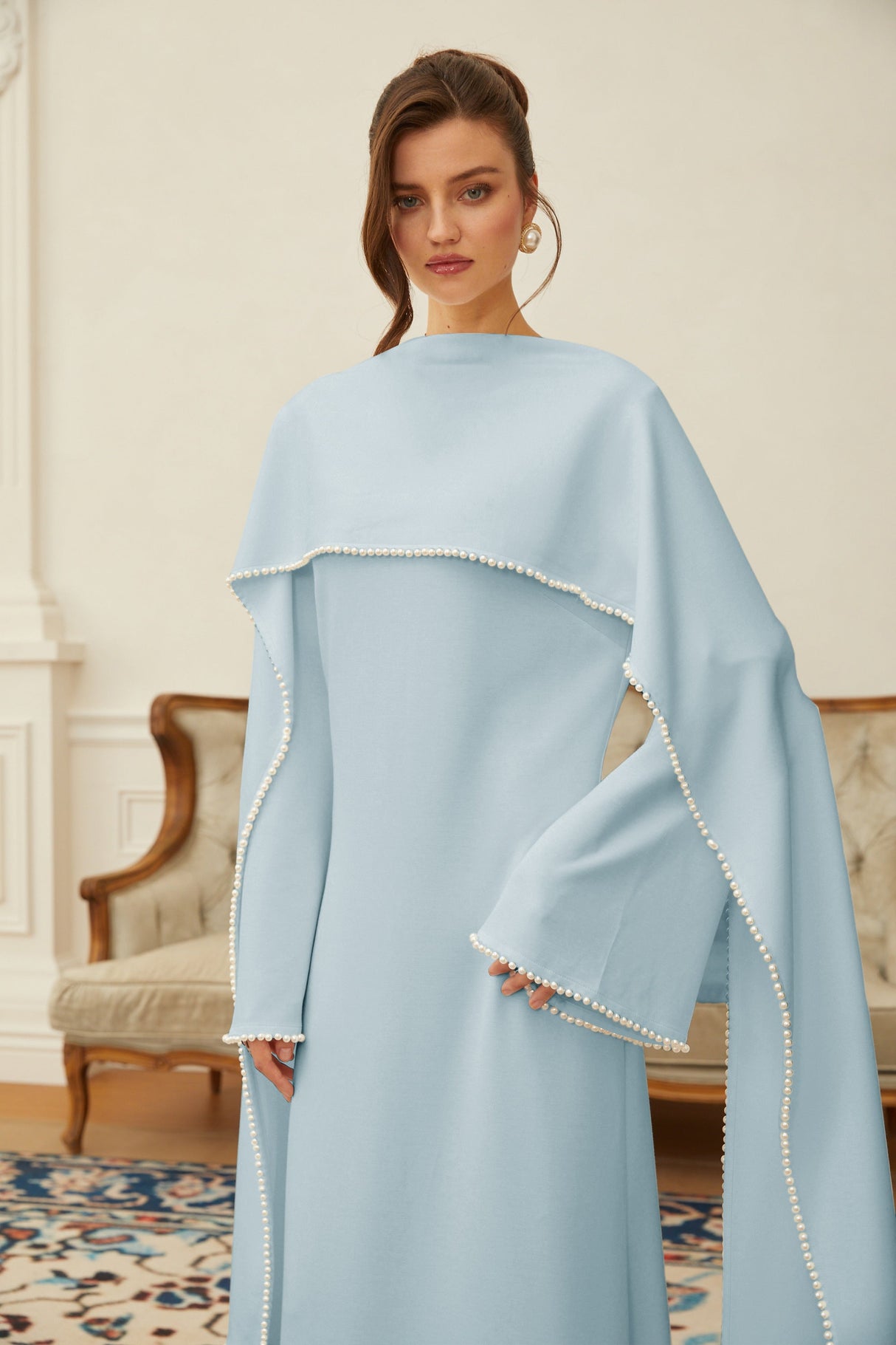 Aurohaya Piroska Blue Pearl Trim Shawl Detail Maxi Dress