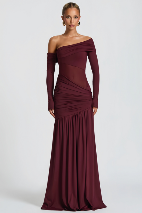 Aurohaya Anastasia Burgundy One Shoulder Gathered Maxi Dress