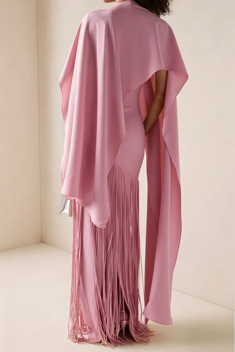 Aurohaya Cayetana Pink Fringe Maxi Dress with Cape Effect