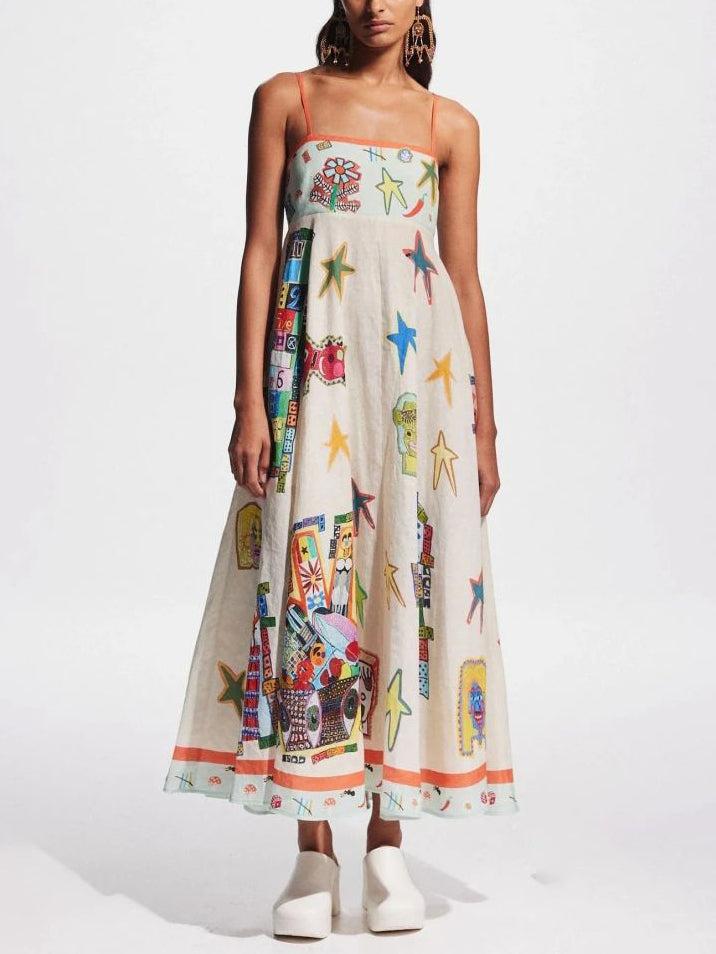 Aurohaya Unique Graffiti Print Suspenders Long Swing Midi Dress
