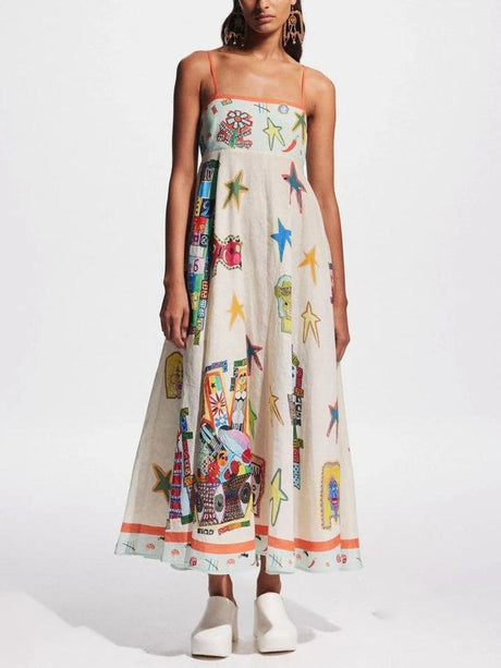 Aurohaya Unique Graffiti Print Suspenders Long Swing Midi Dress
