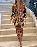 Vintage Baroque Deep V Neck Long Sleeve Slit Bodycon Dress Ruched Slim Fit Vacation Dress