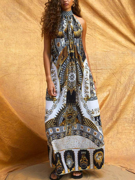 Aurohaya Unique Retro Gorgeous Pattern Print Maxi Dress