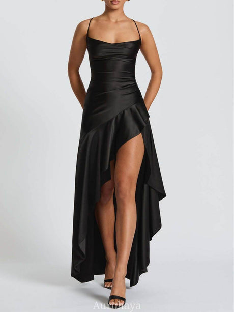 Aurohaya Delphine Spaghetti-Strap Ruffle Maxi Dress Black