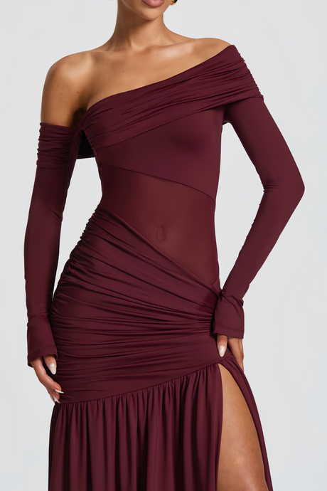 Aurohaya Anastasia Burgundy One Shoulder Gathered Maxi Dress
