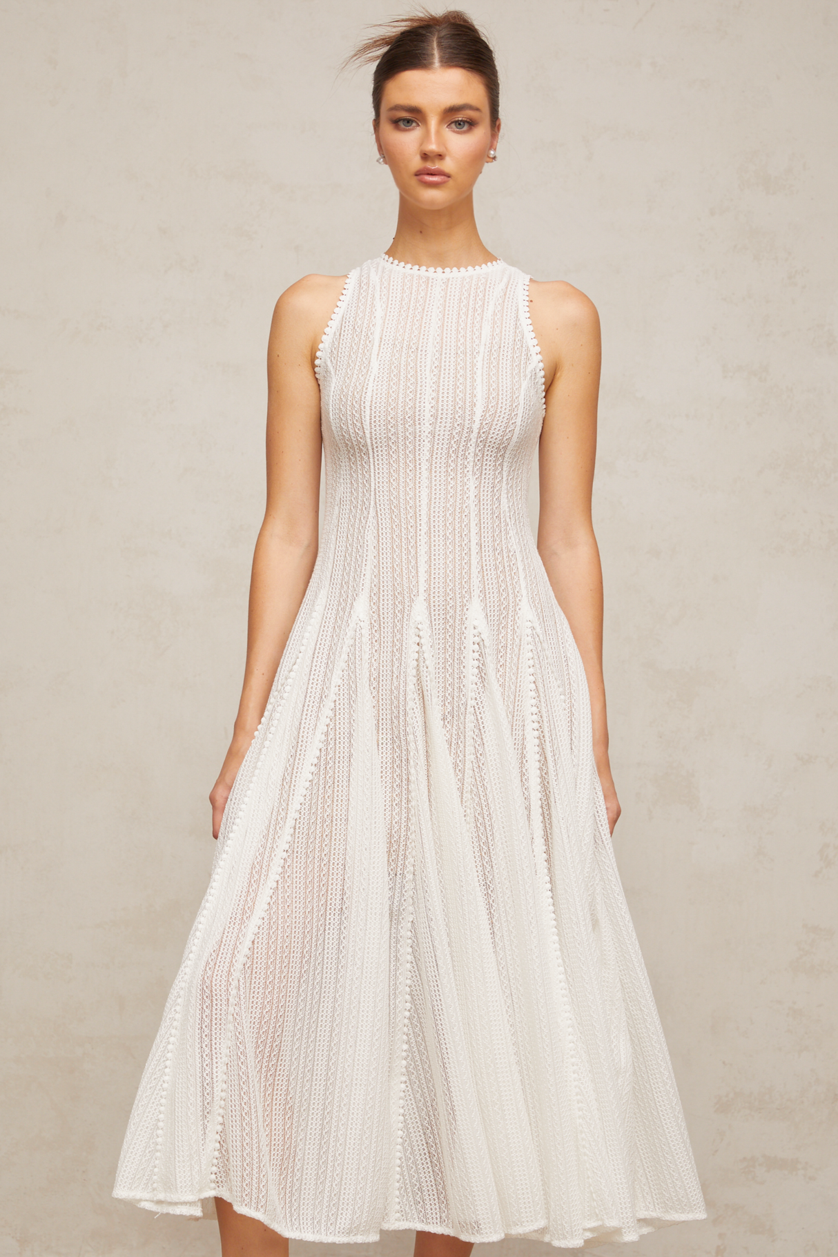 Aurohaya Hélène white pointelle puff midi dress