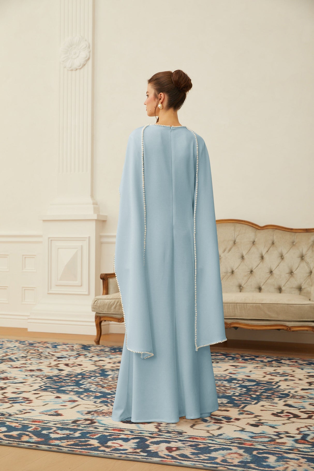 Aurohaya Piroska Blue Pearl Trim Shawl Detail Maxi Dress