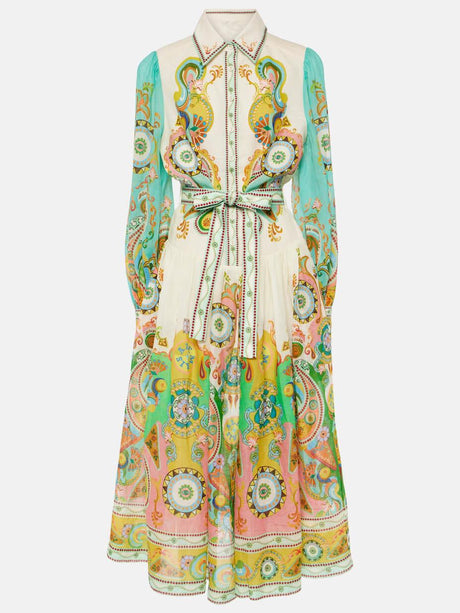 Aurohaya Unique Exquisite Fashion Print Puff Sleeve Tie Midi Dress