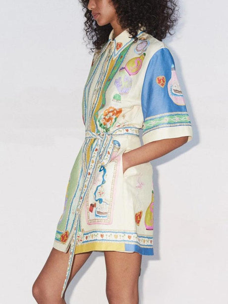 Aurohaya Unique Exquisite Oil Painting Print Lace-Up Cardigan Mini Dress