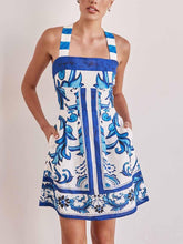 Aurohaya Exquisite Painted Floral Print Camisole Mini Dress Blue