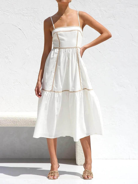Aurohaya Contrast Color Trim Adjustable Straps Midi Dress