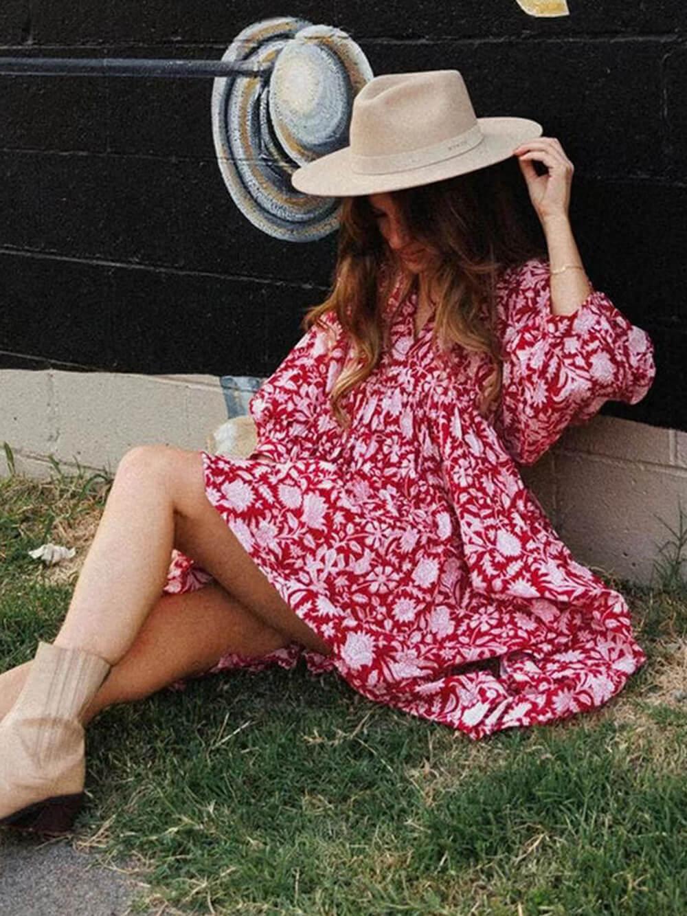 Aurohaya Vacation Retro Style Loose Printed Dress