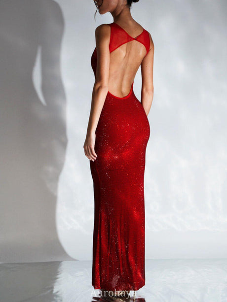 Aurohaya Vespertine Rhinestone Maxi Dress Backless Mesh Evening Gown