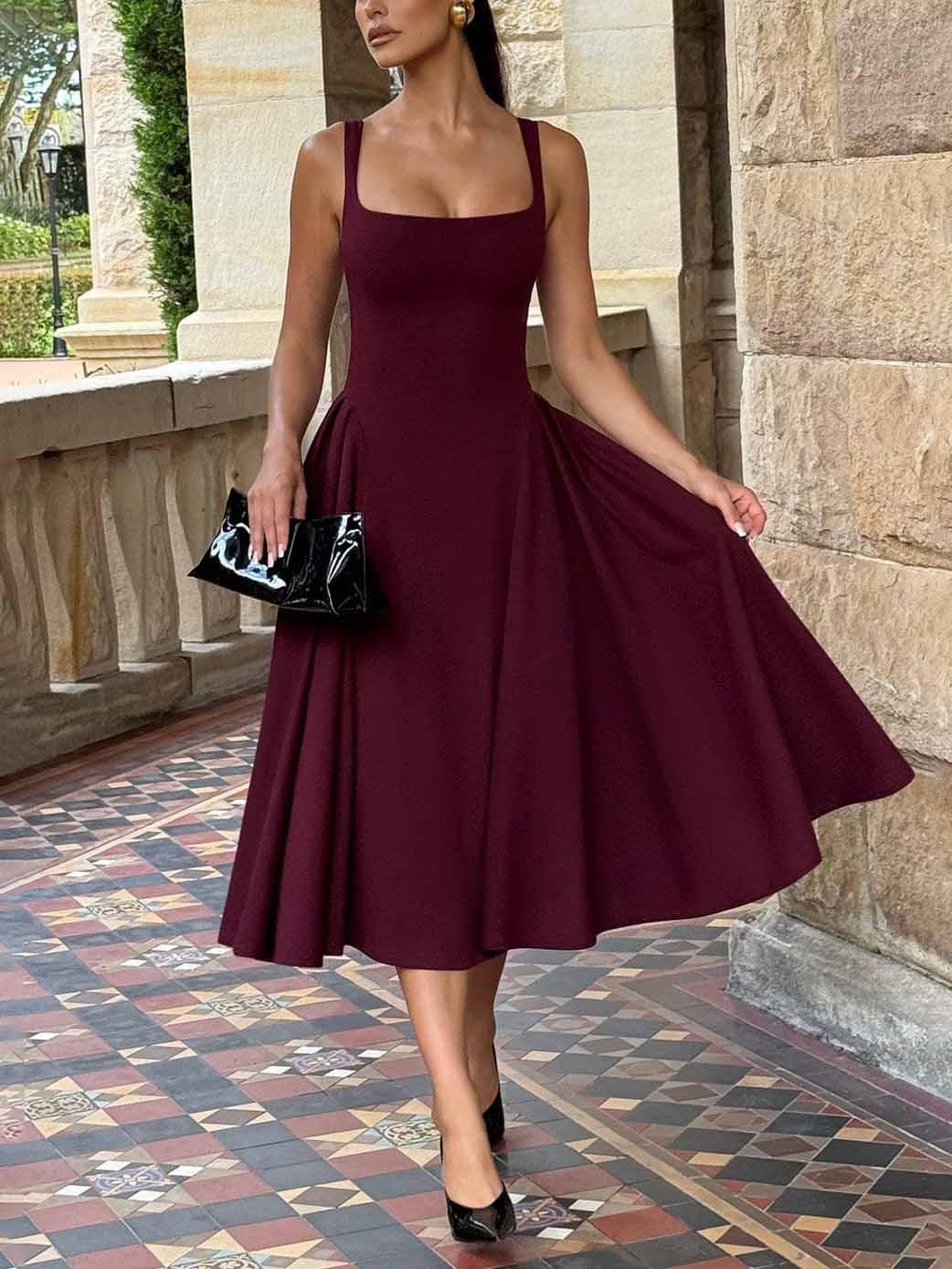Aurohaya Elegant Retro Square Neck Slim Midi Dress