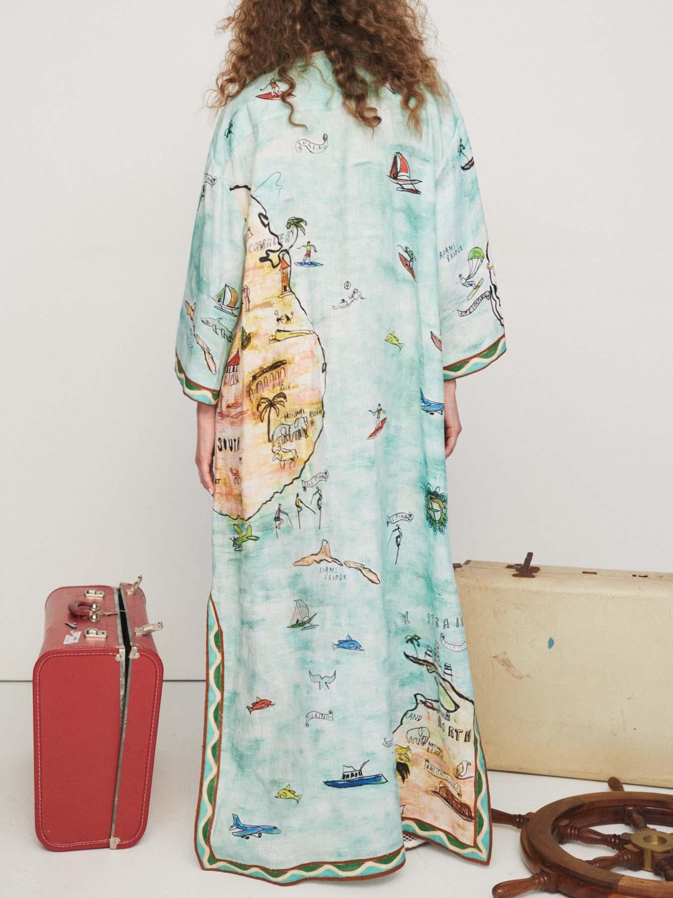 Aurohaya Modern Satin Art Island Print Slit Maxi Dress