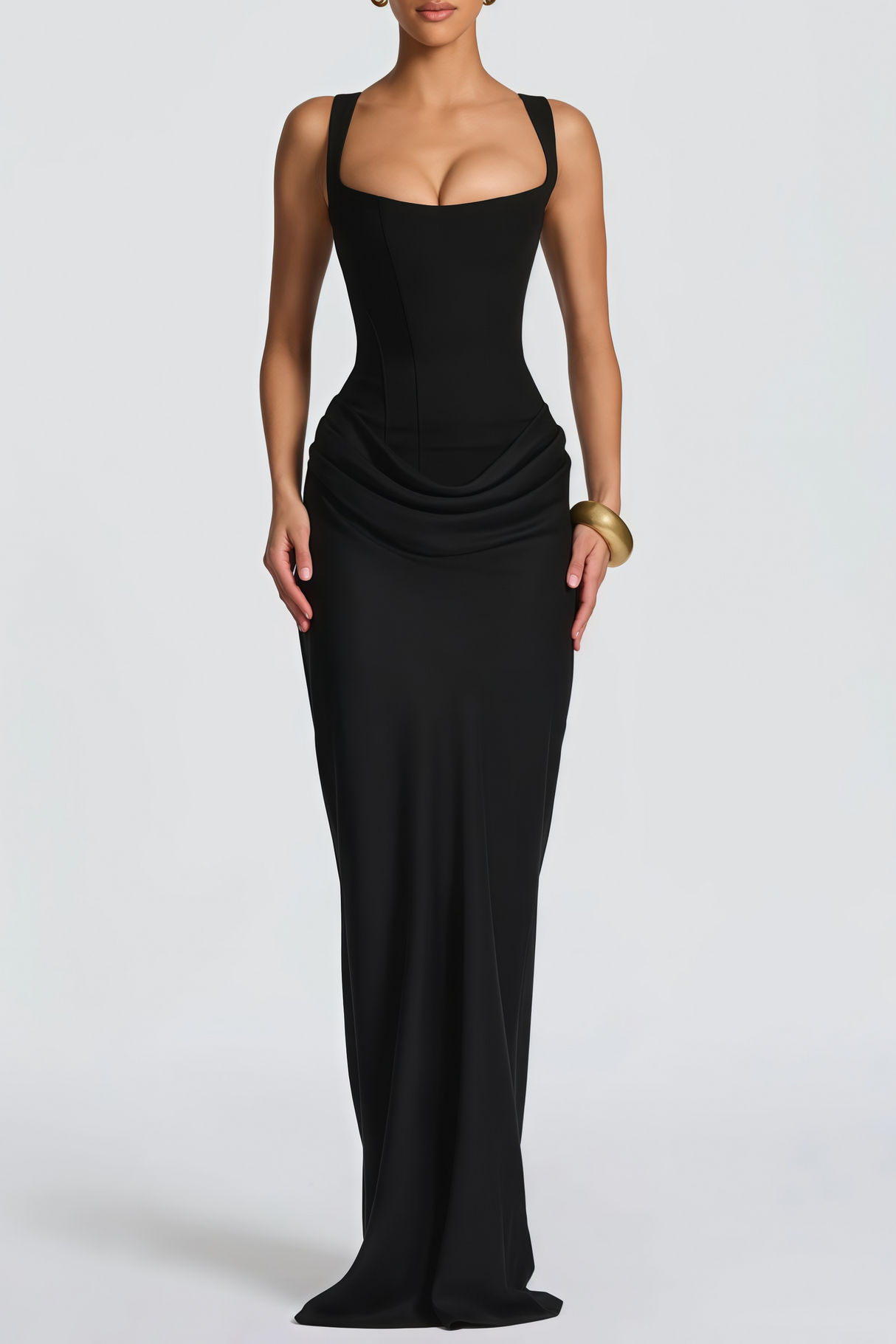 Aurohaya Paulette Black Ruched Corset Maxi Dress