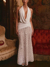 Aurohaya Elegant Deep V Floral Backless Pleated Maxi Dress