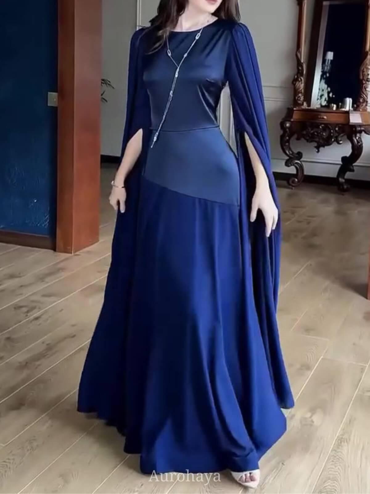 Aurohaya Round Neck Long Split Slit Sleeve Maxi Dress, DES104 Blue