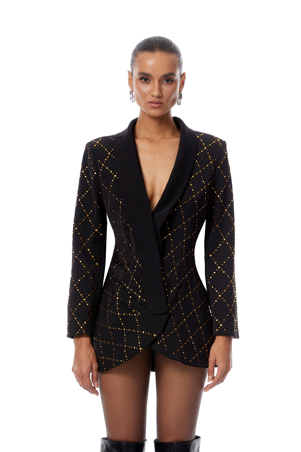 Aurohaya Eleonora Black Lozenge Rhinestone Mini Blazer Dress