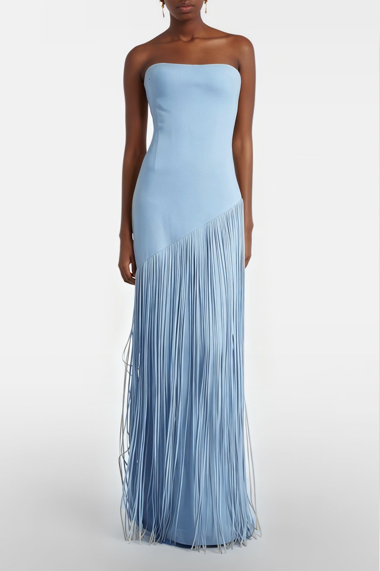 Aurohaya Cayetana Sapphire Blue Fringe Maxi Dress with Cape Effect
