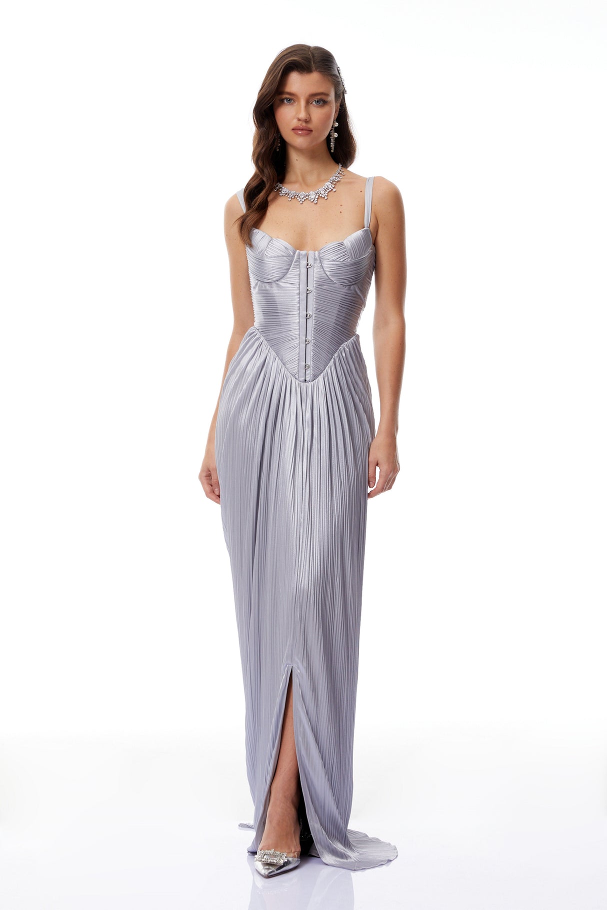 Aurohaya Nicoletta Silver Glossy Pleated Corset Maxi Dress