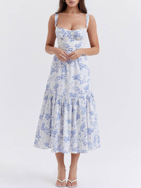 Aurohaya Strap A-Hem Floral Midi Dress