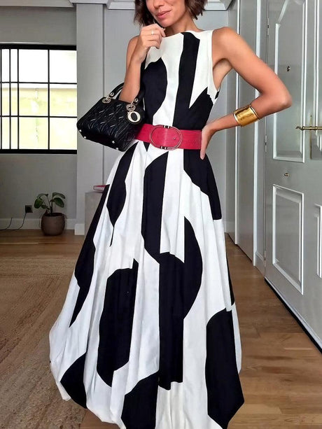 Aurohaya Elegant Classic Contrast Color Lantern Maxi Dress White