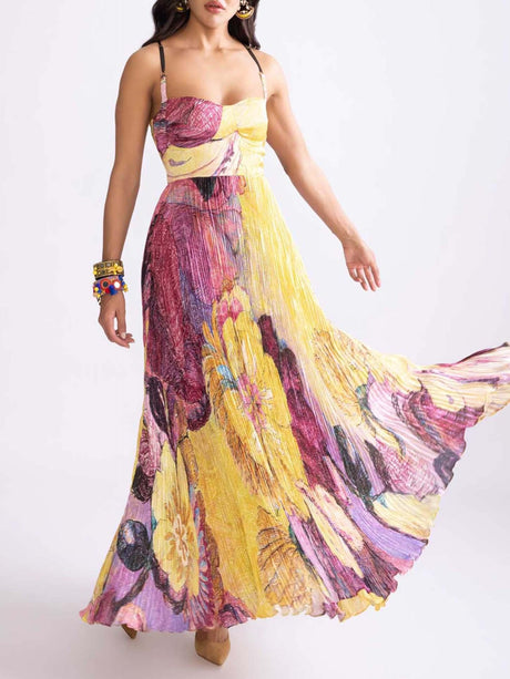 Aurohaya Vintage Art Hand-Painted Floral Print Pleated Maxi Dress