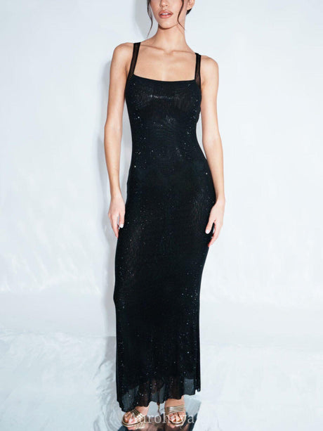 Aurohaya Vespertine Rhinestone Maxi Dress Backless Mesh Evening Gown Black