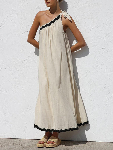 Aurohaya Classic Contrast Lace One-shoulder Spaghetti Strap Midi Dress Beige