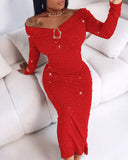 Off Shoulder Long Sleeve Chic Mental Buckle Ruched Mid-Calf Dress