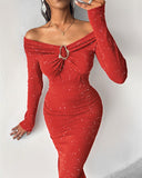 Off Shoulder Long Sleeve Chic Mental Buckle Ruched Mid-Calf Dress